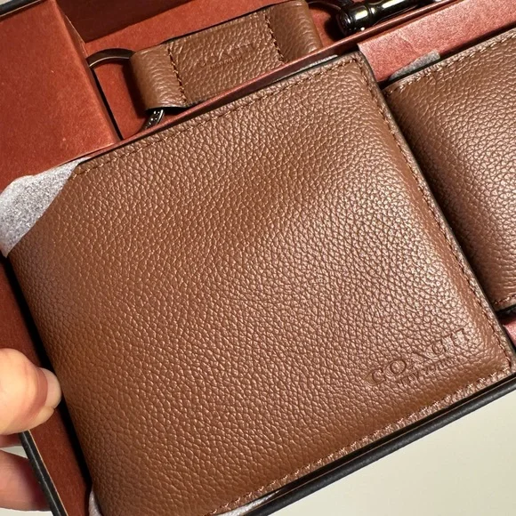 Coach Men's Compact ID Sport Leather 3-in-1 Wallet Gift Set Dark Saddle F64118 - Picture 3 of 13